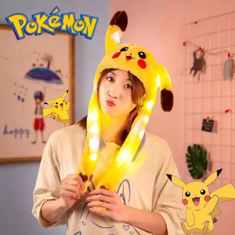 Pokemon Cute Glowing Hat Pikachu Cartoon Plush Bunny Cosplay Hat Children Pet Bunny Ears Will Move Headband Funny Toys Gifts