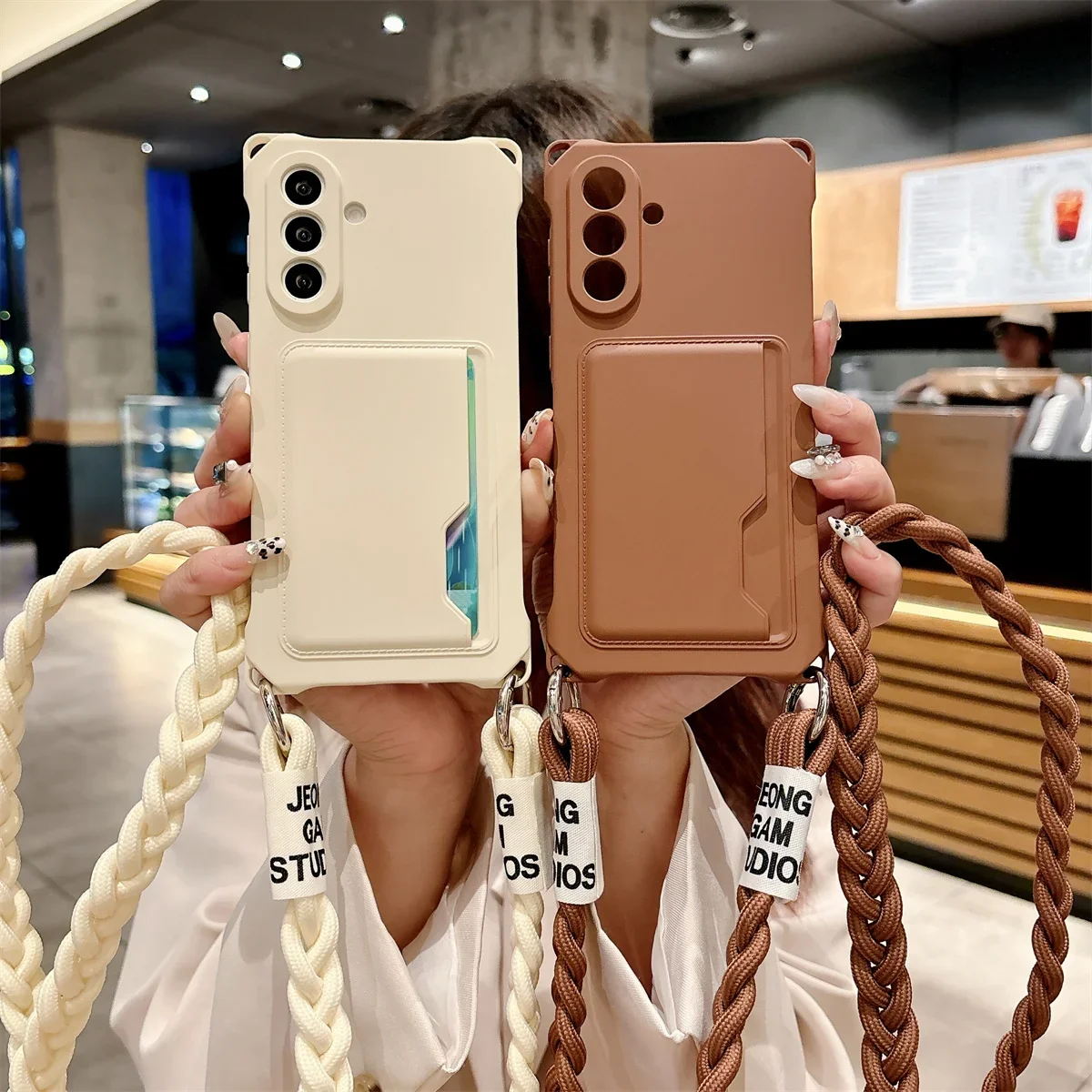 Braided Crossbody Lanyard Strap Phone Case with Wallet Card Holder and Silicone Cover
