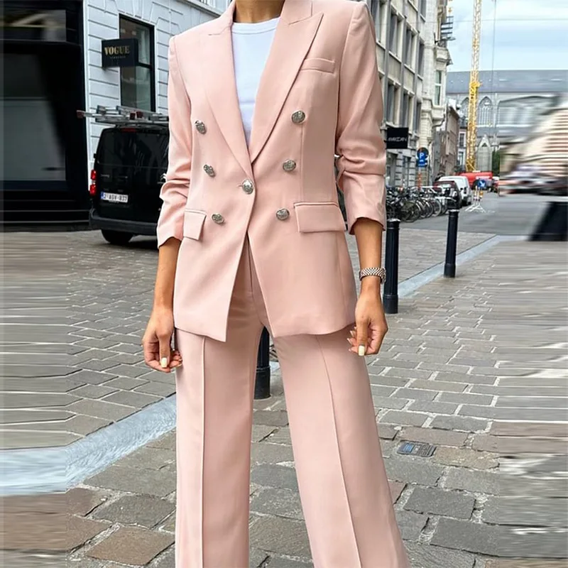 Tesco Pink Blazer And Wide Leg Pants For Women Suit Sets Classic Double Breasted Jacket 2 Piece Casual Women's Pantsuit
