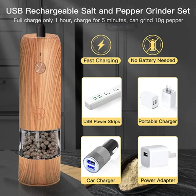 2-Pack) Electric Salt and Pepper Grinder Set - USB Rechargeable LED Light  Refillable Adjustable Coarseness One-Handed Operation - AliExpress