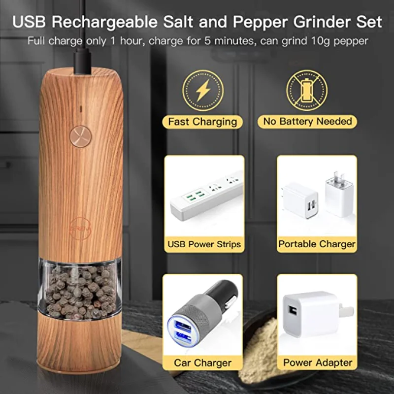 Electric Salt and Pepper Grinder Set, Rechargeable Automatic Pepper Mill Set,  Dual Charging Base, 1 Hand Operation, USB Cables, Refillable, No Battery  Needed, LED Light, Adjustable Coarseness 