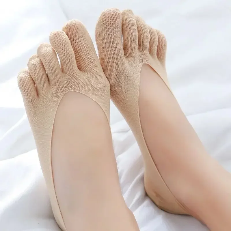 여성용 초박형 무지 직조 벨벳 아이스 실크 땀 흡수 발가락 양말, 다섯 손가락 보트 양말, 여름