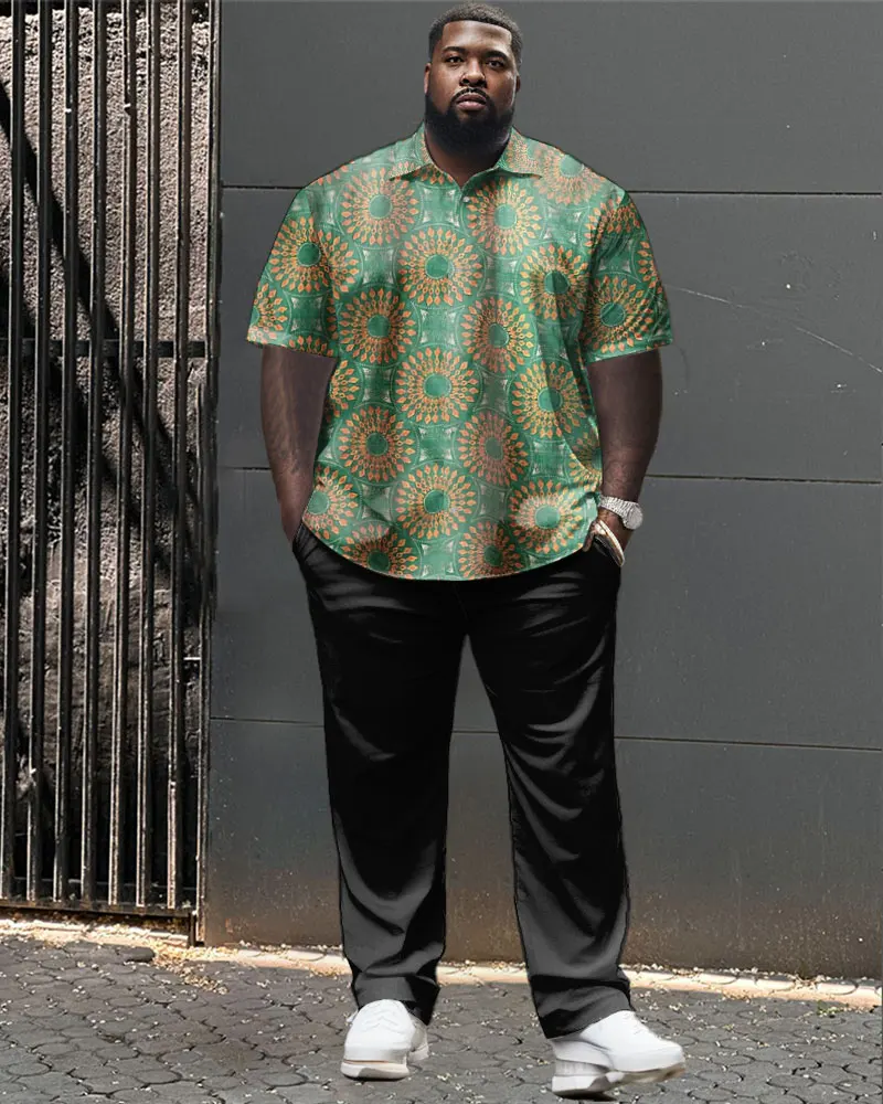 Biggmans Casual Two Piece Sets Shirt for Men's Clothing Geometric Short Sleeve Fanshion Business Pants Big Plus Size Suit