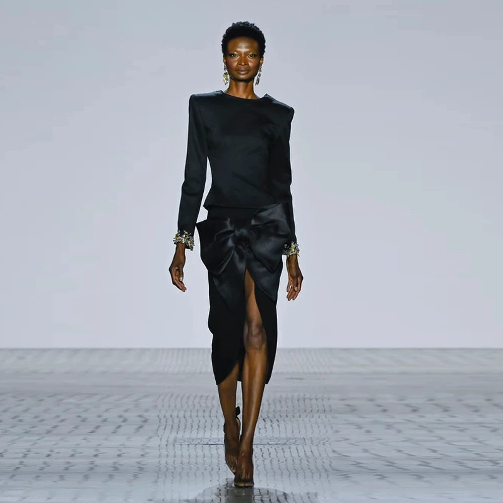 

Newest Black Satin Asymmetrical Mid Calf Women Maxi Skirts Zipper Waistband Bow Split Female Skirt Office Lady Skirt