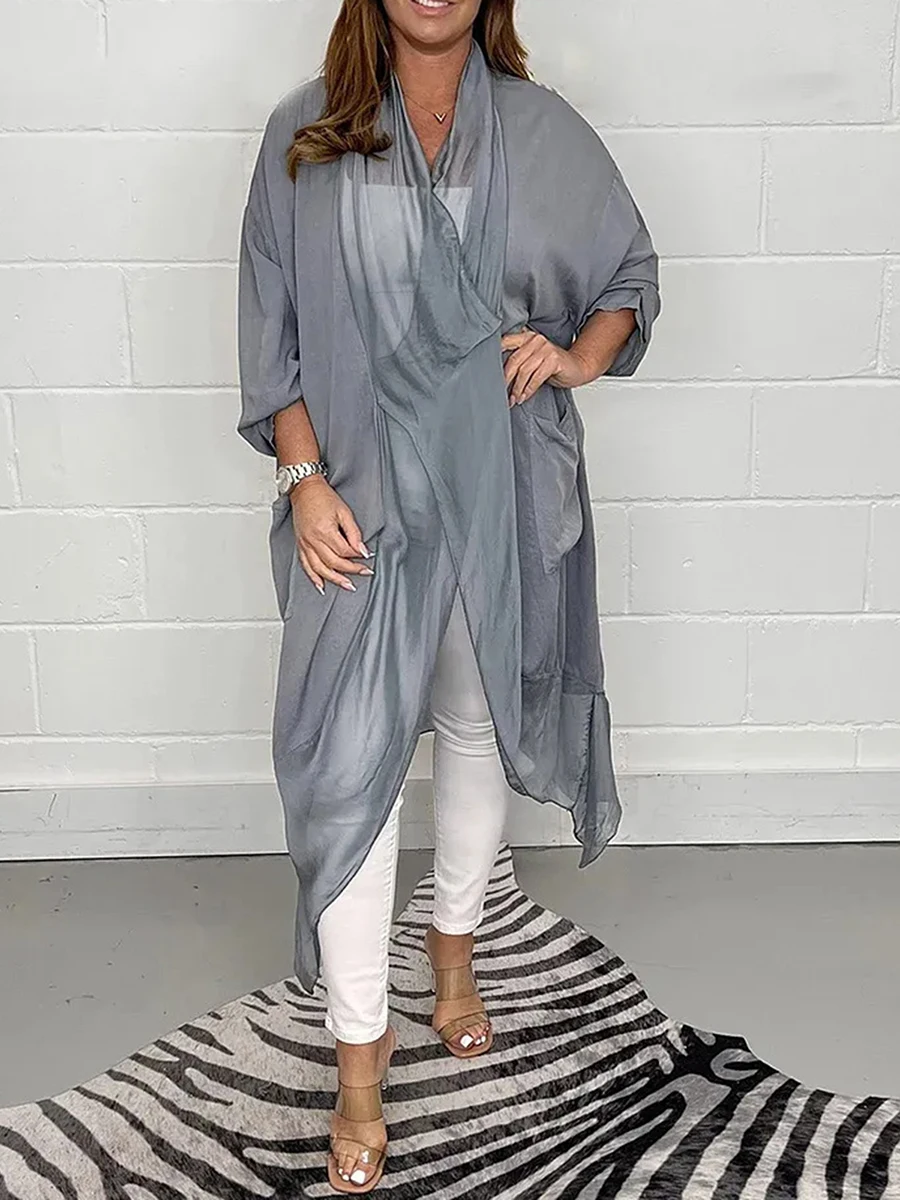 

ZJLJAYCHOU Women s Loose Plus Size Beach Mesh Cover-up Long Sheer Chiffon Blouse Tops Kaftan Open Front Loose Outwear Dark