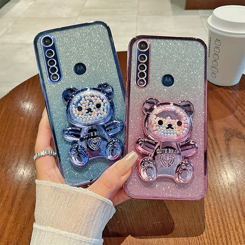 

G8 Plus Case For MOTO G8 Plus Motorola Moto G8 Plus Luxury Gradient Glitter Plating Quicksand Beads Cute Bear Holder Case Cover
