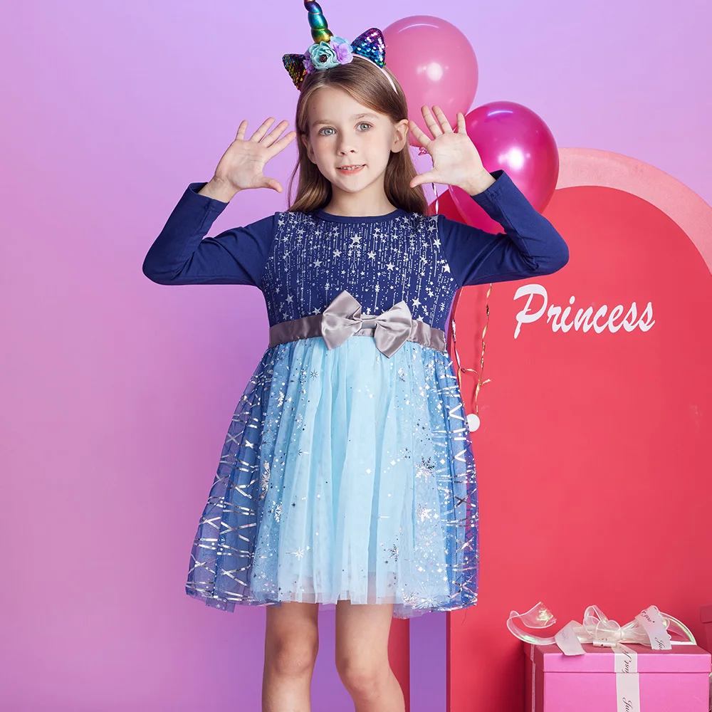 VIKITA Mädchen Weihnachten Neujahr Party Geschenk Kleid mit Schleife Kinder Stern Schneeflocken Druck Marineblau Herbst Winter Prinzessin Kleid – Detail 4