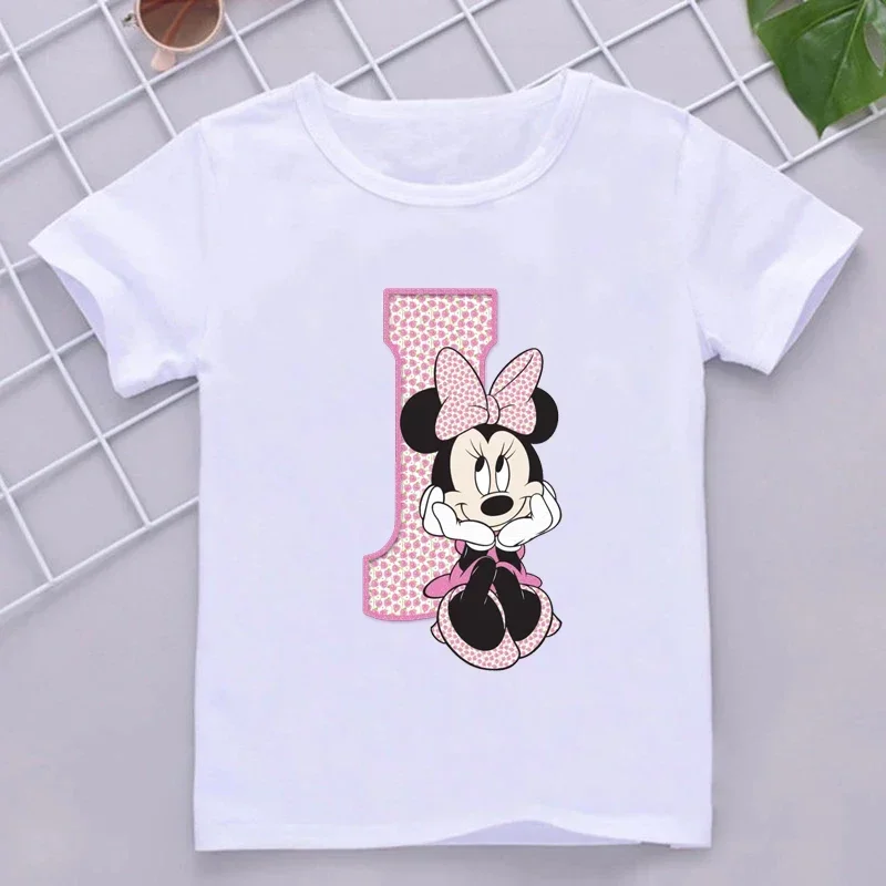 thumbnail image 1 of Camisetas de algodón para niños de Minnie, combinación de letras de la A a la Z, ropa de dibujos animados de Disney Kawaii, camisetas casuales para niños y niñas, 1 of 5