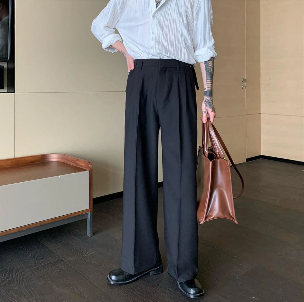 スーツ SLIGHT FLARE DOUBLE CLOTH BAGGY SLACKS Draping Casual Wide Leg Pants Men Korean Street Trouser