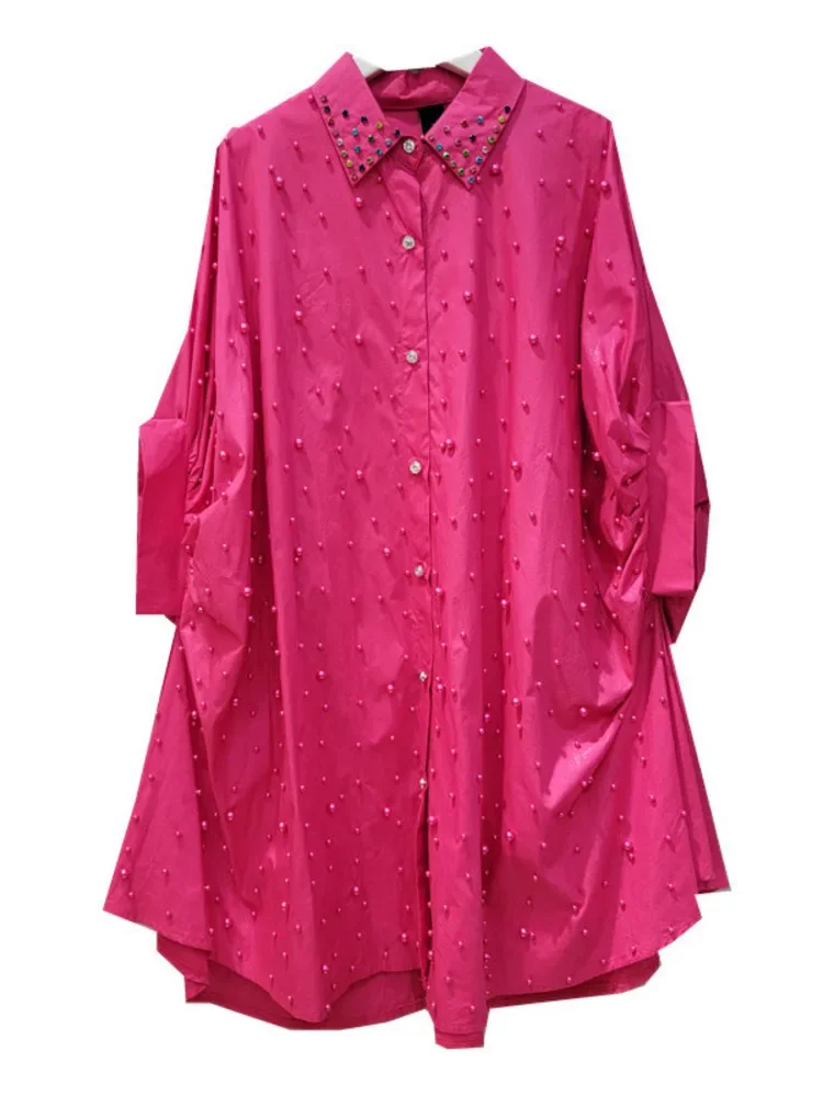 European Style Beading Bat Sleeve Loose Casual Shirt Street Fashion Mid Length All Match Top Women 2024 New Spring Autumn
