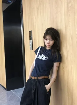 Slim Fit Hip Hop ort Sve T-irt Women's Summer Casual Versatile Top Korean Sle Blue Color round Ne Print Cotton 00% 1