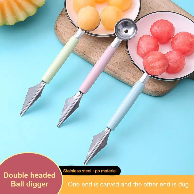 Double-Head Stainless Steel Fruit Platter Ball Digger Corrugated Carving Knife Watermelon Ball Digger Spoon Fruit Carving Device melon scoop baller