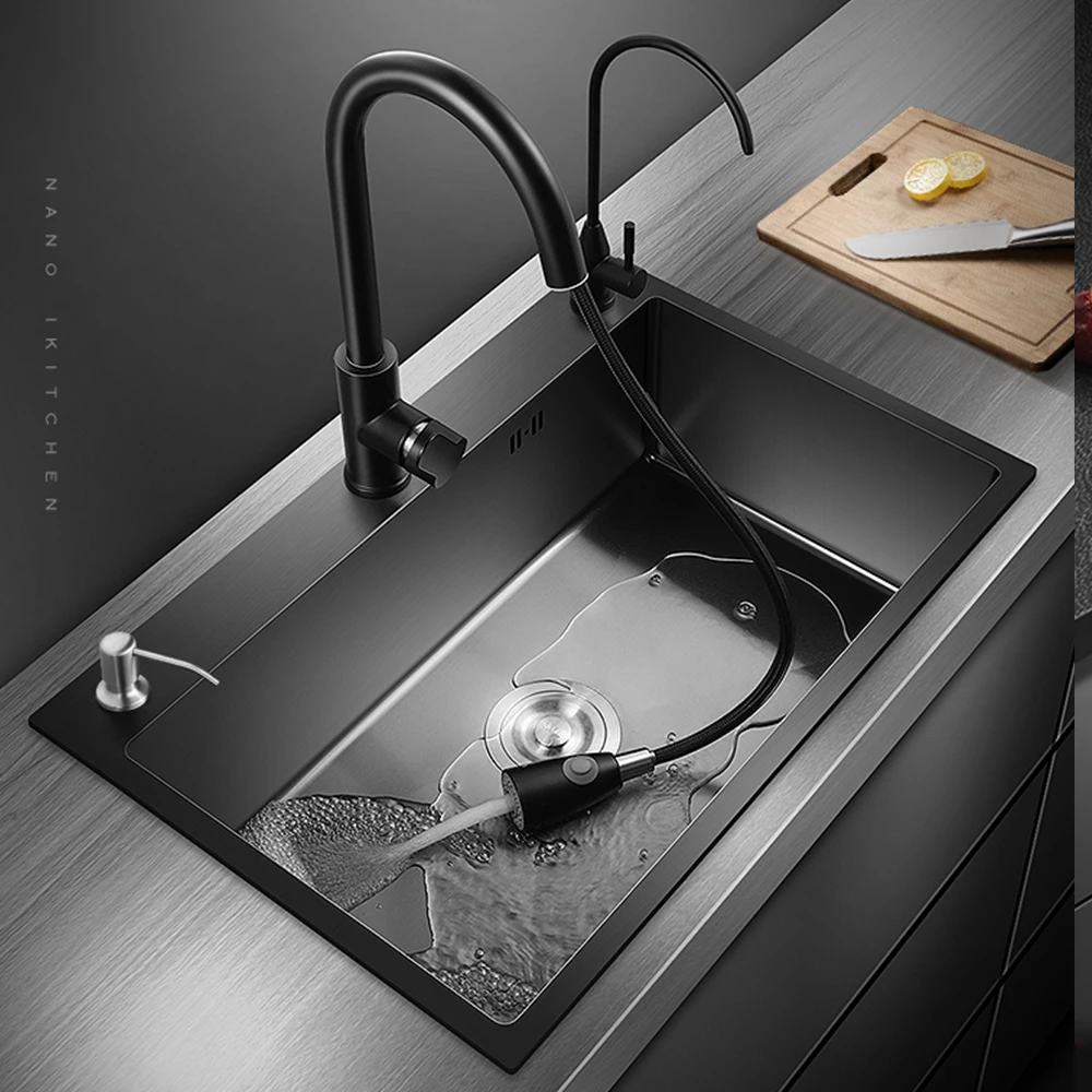 Kitchen Large Single Slot Wash Basin Stainless Steel Topmount Sink WaterfallWith Multifunction Touch Waterfall Faucet AA44