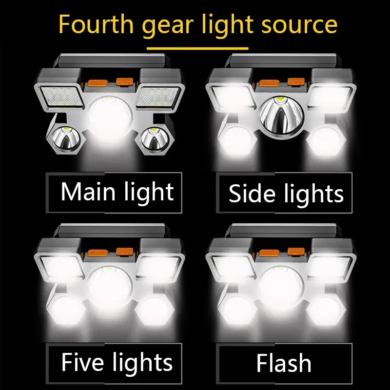 Head Flashlight Cob Headlamp 5 LED with Built-in 18650 Battery Rechargeable Portable Powerful Head Lamp Headlight Lantern Outdoor