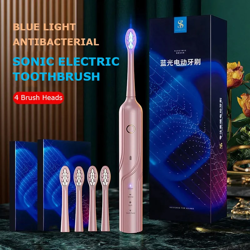 Sonic Electric Toothbrush Adult Blue light antibacterial 4 Modes USB Charger Rechargeable Tooth Brushes Replacement Heads Set натяжная простыня xiaomi yuyuehome antibacterial anti mite bed sheet 1 5m light gray
