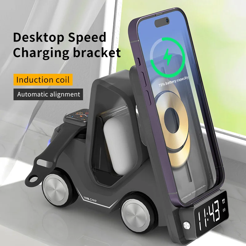 

5IN1 Multi Alarm Clock Wireless Charger For Iphone 15 12 13 14 Pro Max Fast Charging Docking Station For Apple Watch Airpods Pro
