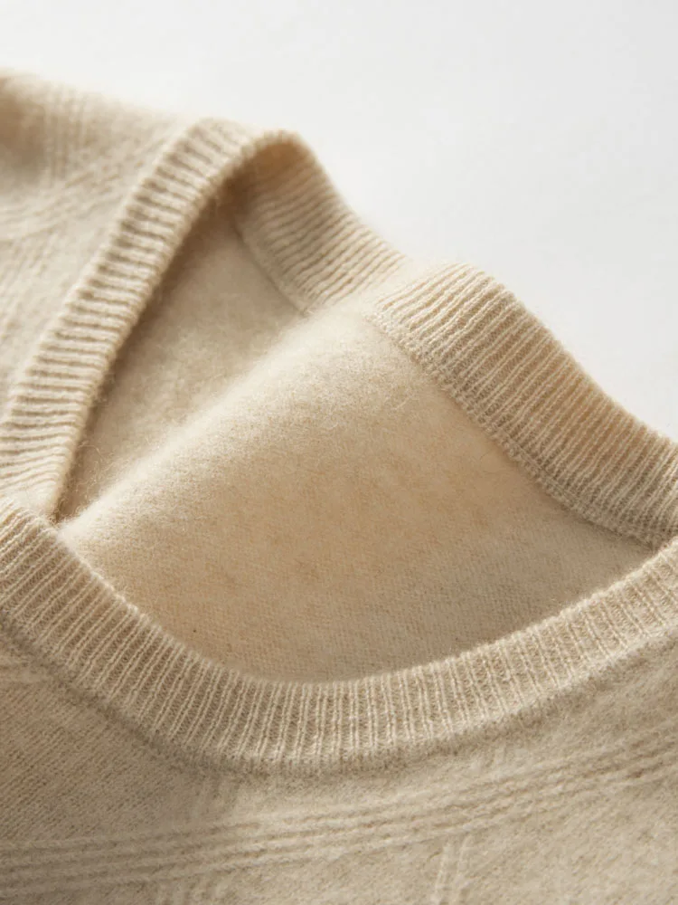 Autumn New 100% Pure Goat Cashmere Sweater Men's O-Neck Knitted Pullovers Leisure Jacquard Loose Tops Youth High-End Base Shirt 5