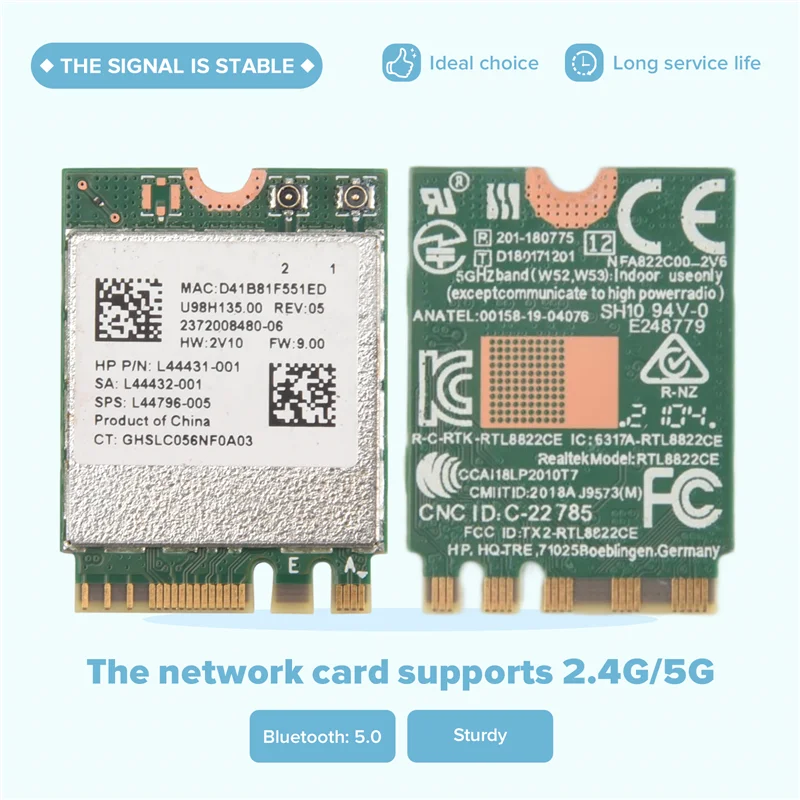 C9-RTL8822CE 무선 네트워크 카드 2.4G/5G 듀얼 밴드 기가비트 Wifi Bluetooth 5.0 M.2 NGFF 인터페이스 Wifi 무선 모듈