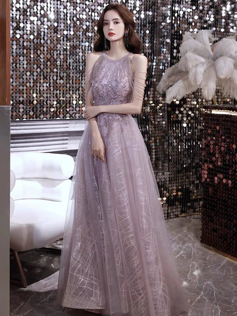 

Light Purple Halter Evening Dresses A-line With Tassel Beads Appliques Sequined Backless Tulle Long Birthday Party Prom Gowns