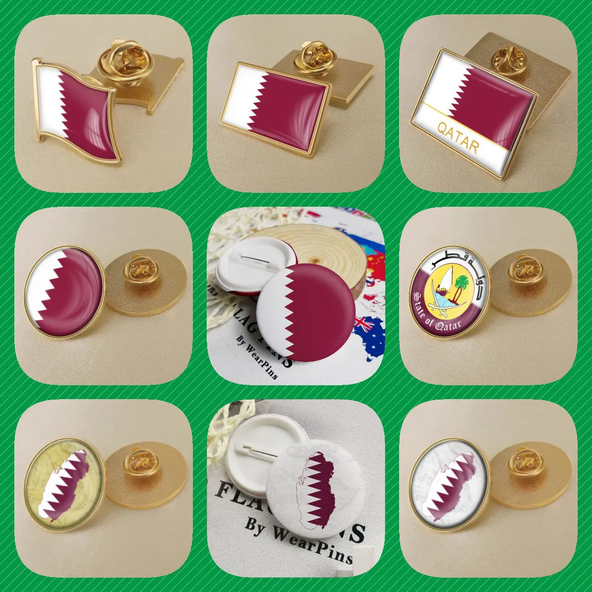 

Qatar Qataris Map Flag National Emblem Brooches Badges Lapel Pins