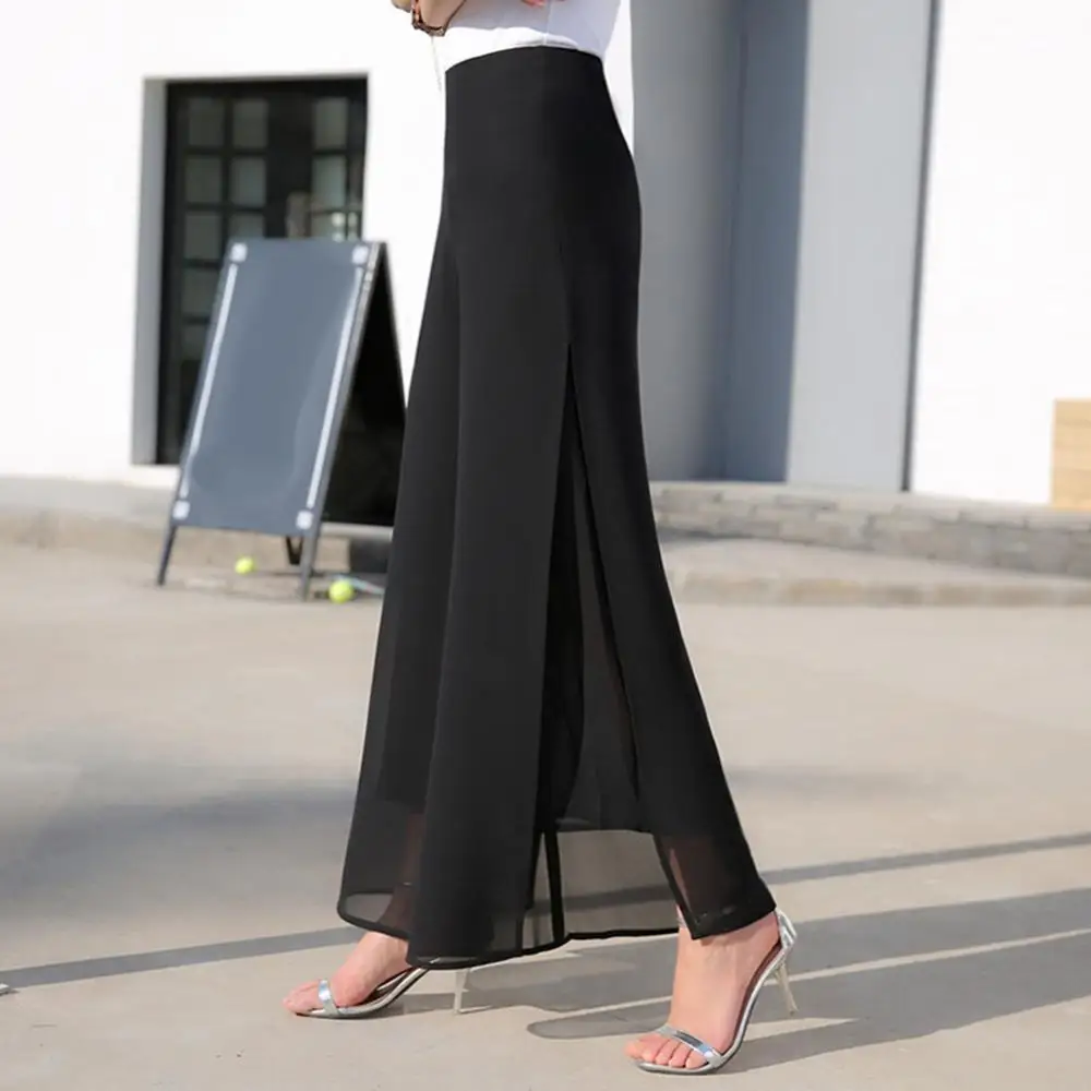 

Wide Leg Pants High Waist Solid Color Women Trousers Casual Long Summer Double Layer Side Slit Spring Vintage Flare 2021