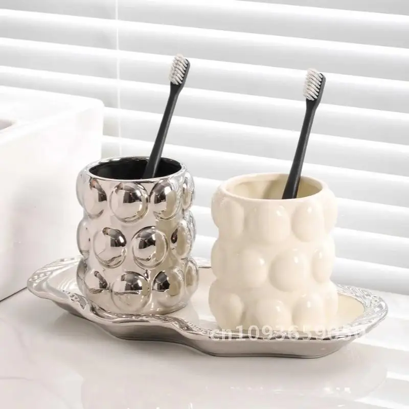 Luxury Electroplated Ceramic Mug Set Lovers Double Toothbrush Cup Accessories Cup Cartridge Gift Bathroom Toothbrush Toilet Home