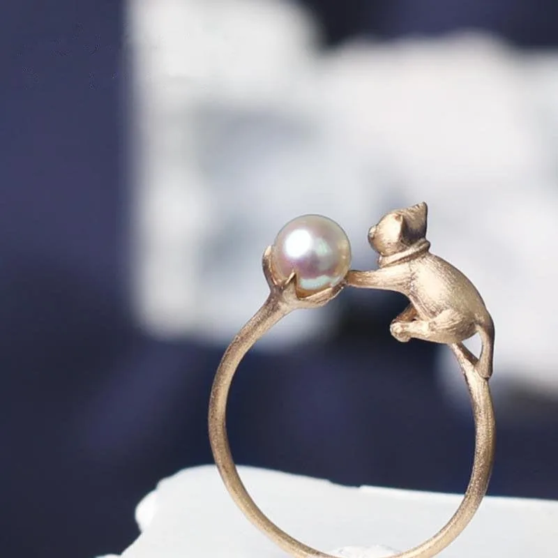 IMINI Anelli con perle finte a forma di gatto, per ragazze e donne, anello aperto regolabile, dimensioni espandibili, delicato animale, fascia per dita e nocche, promessa di dichiarazione alla moda