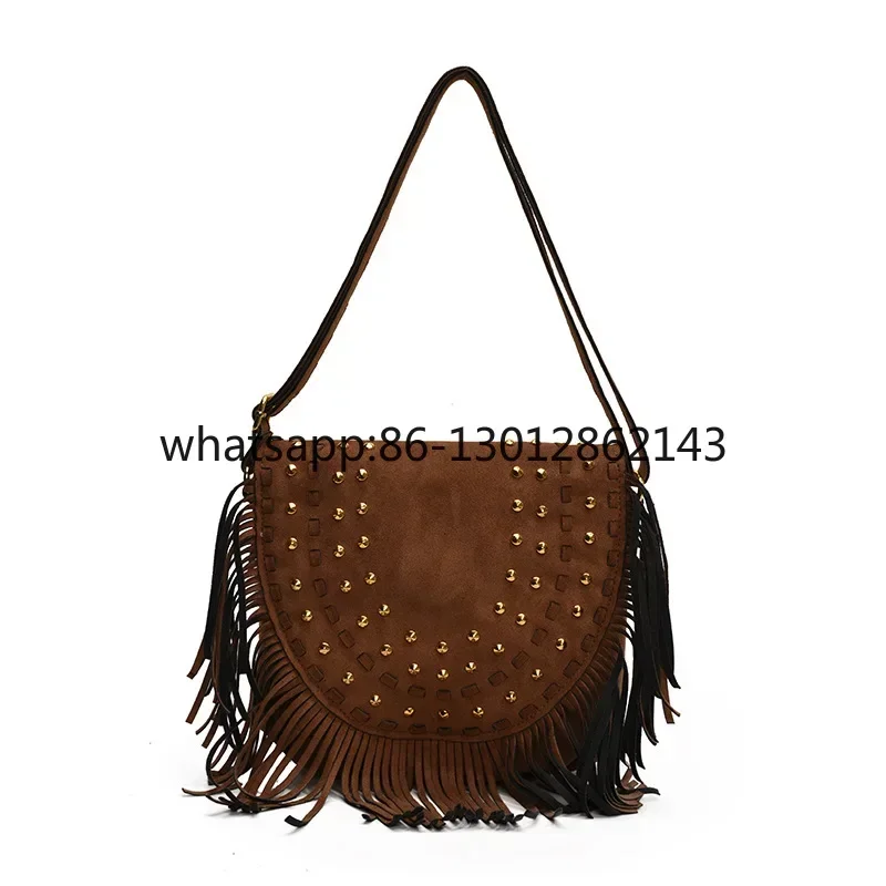 Shoulder bag handmade fringed rivets retro messenger bag