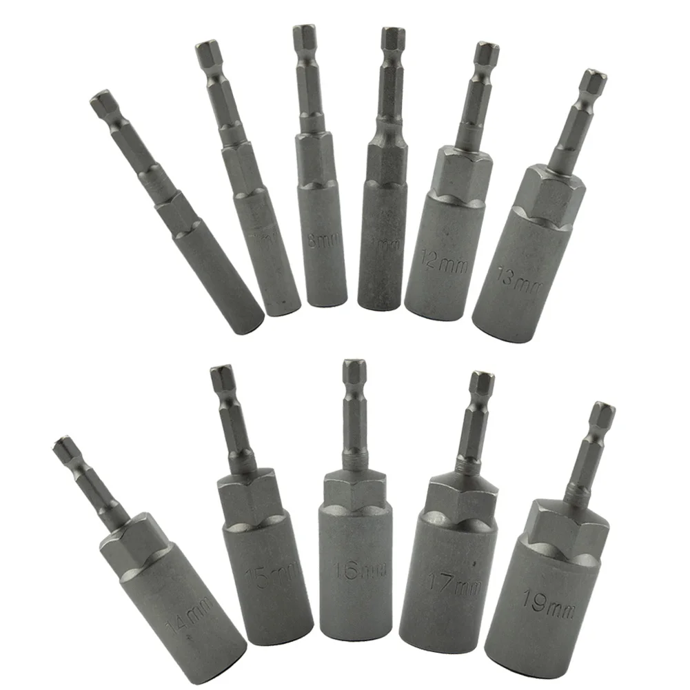 

10Pcs 80mm Length Electric Power No Magnetic Screwdriver Nut Driver Set Impact 1/4" Hex Shank Metric Wrench Socket Bit 5.5-19mm