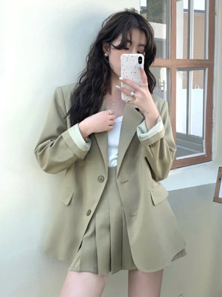 

Insozkdg Temperament Sweet Suit Jacket Skirt Set Spring Autumn High-end Casual Loose Suit Blazer + Pleated Skirt Two-piece Sets