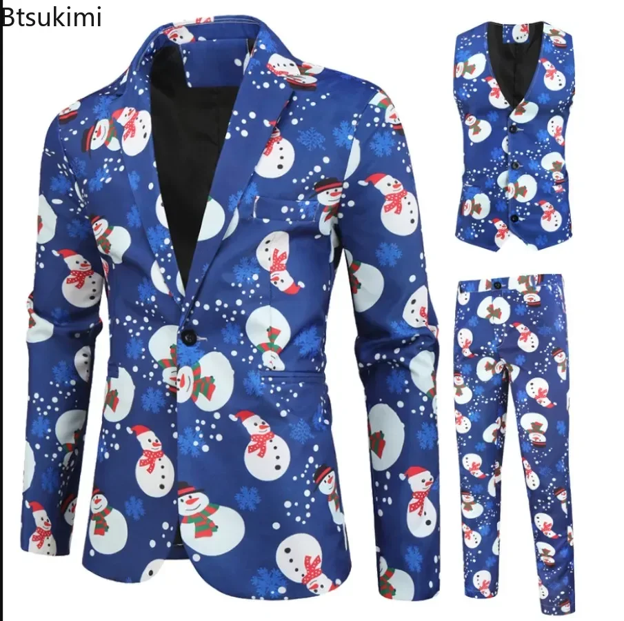 New Men's Casual Three Piece Sets 2024 Christmas Printing Blazers Jackets+Vest+Pants Party Banquet Wear Men's Flower Suits Sets