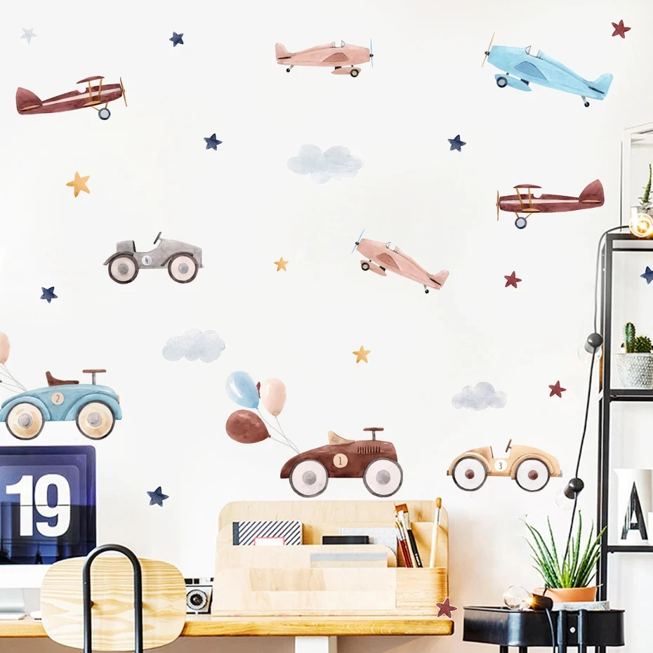 Watercolor Cartoon Car Balloon Stars Nursery Sticker Children Poster DIY Wall Decals Art Print Kids Bedroom Home Decor Wall Stickers