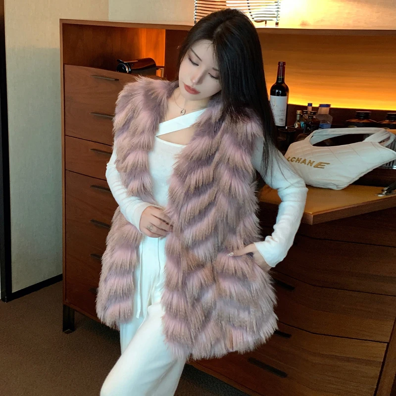 2024 Winter Fall New Arrivals Women Faux Fur Coat Sleeveless Contrast Color Korean Fashion Girls Faux Fur Vest