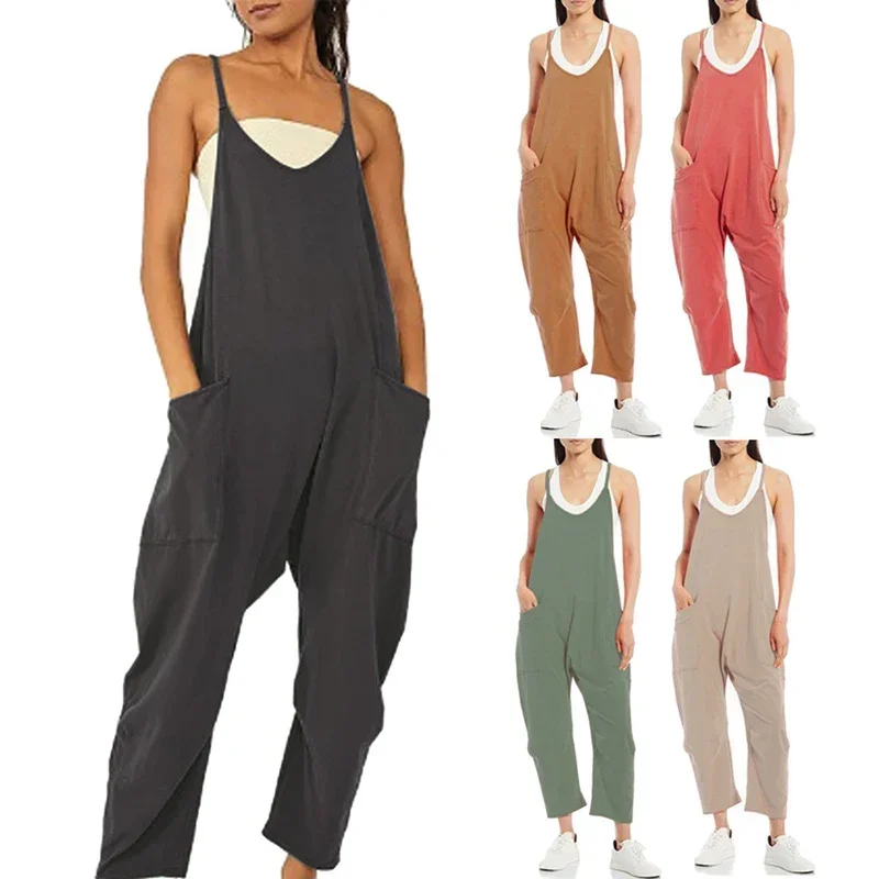 

Women Casual Jumpsuit Summer Sleeveless Loose Wide Leg Rompers With Large Pocket Pants Spaghetti Strap Solid Bib Overalls Outfit