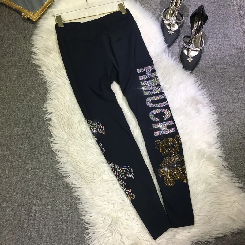 

Luxury Water Drill Bear Beading Letters Women Leggings All-match Spring Summer Stretch Skinny Pants Yoga Fitness Black Legging