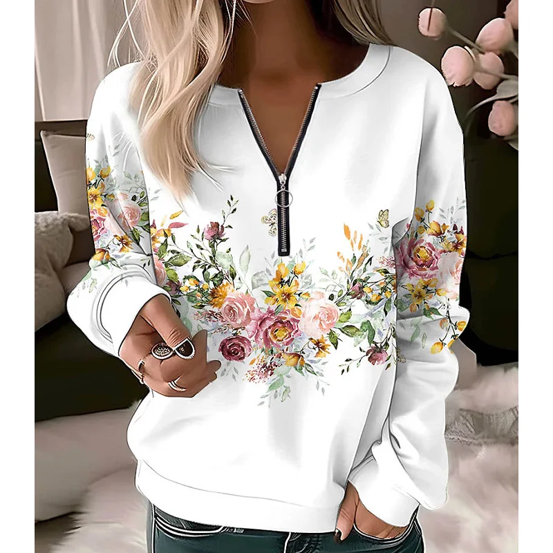 Spring Autumn New Fashion Floral Printing Sweatshirts Women High Street V-Neck Zipper Loose Pullovers Elegant All-match Tops sweatshirts floral zipper pullover sweatshirt in purple size l m s xl