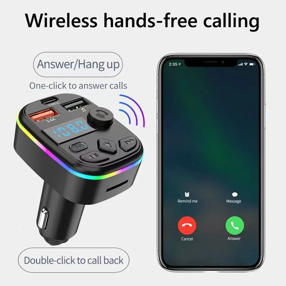 Car Charger FM Transmitter Support TF Card U Disk Car MP3 Player Dual USB Type C Cell Phone Charging Hands Free Wireless Kit