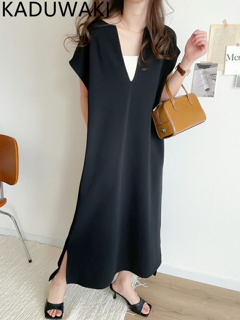 

Summer Japanese V Neck Short Sleeve Women Dresses Fashion Casual Harajuku Long Skirt Top Office Drinking Tea Party Black Khaki