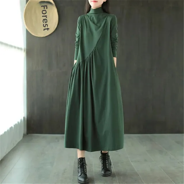 2021 Women's Spring Artistic Vintage Loose-Fit Half Polo/Turtle Neck Medium Length Slimming Dress Stylish Age-Reducing Skirt