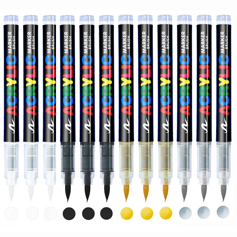 Acrylic paint markers 3Pcs white marker brush pens black paint for rock painting stone ceramic glass wood tire fabric metal canvas
