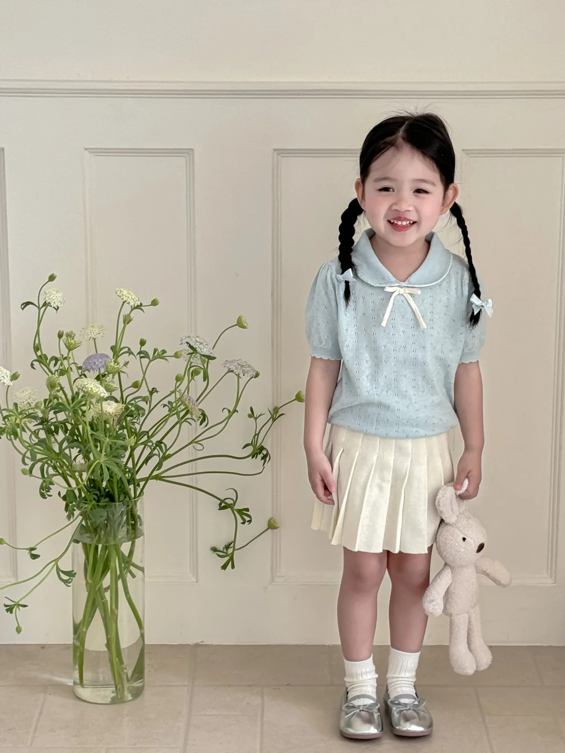 deer jonmi Spring Summer Toddlers Girls Knitted Pleated Skirts Solid Color Preppy Style Children Chic Skirt