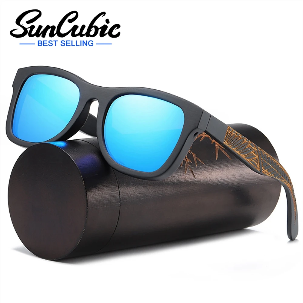 

SunCubic Handmade Black Bamboo Wooden Frame Sunglasses For Women Men Polarized Vintage Bamboo Wooden Sun Glasses JS6342