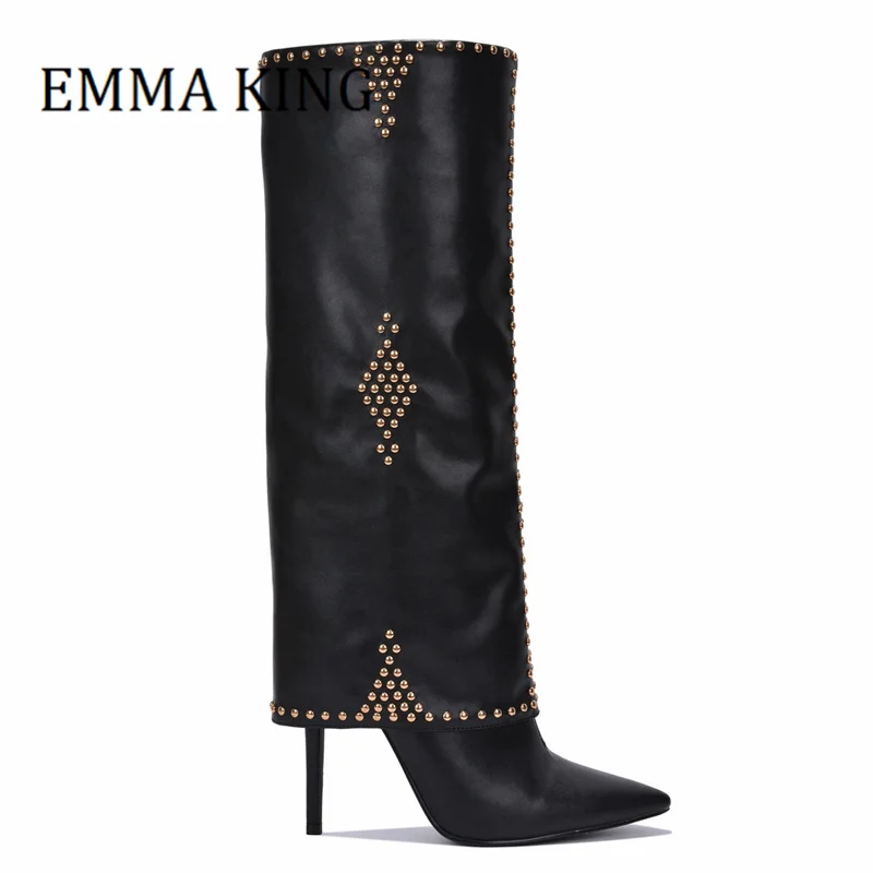 

Women Studded Knee High Boots Ladies Pointed Toe Stiletto Heels Thigh High Boots Fashion Cool Pull On Shoes Botas De Mujer 44