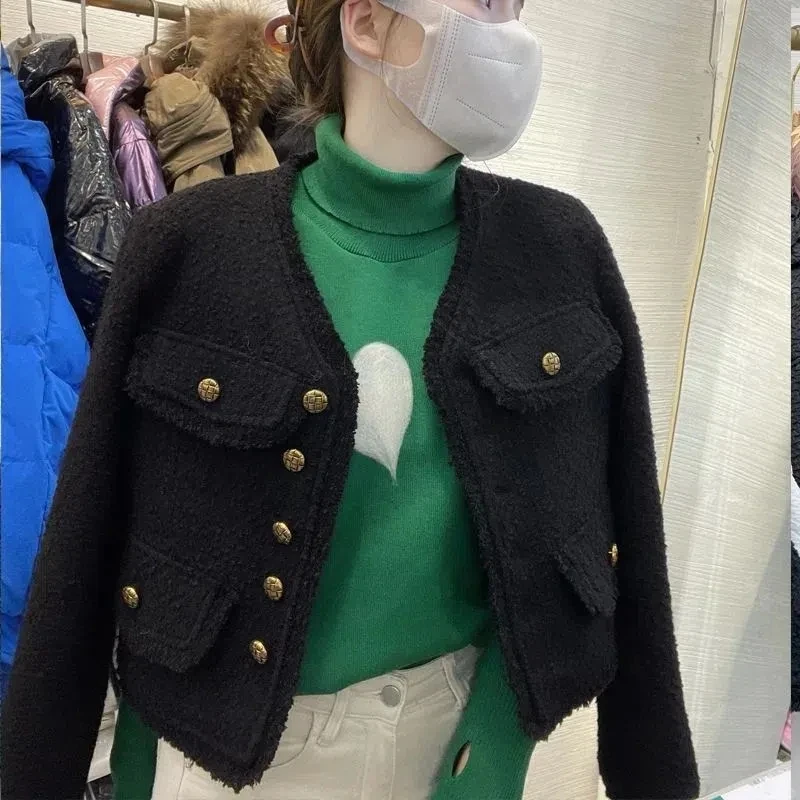 

Women Vintage Black Tassle Tweed Short Jacket Fall Winter Fashion V-Neck Classic Small Fragrance Style Coat Korean Chic Clothing