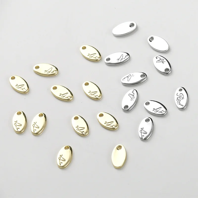 구리 도금 14k 골드 색상 영문자 꽃 모양 작은 태그 원형 타원형 펜던트 테일 체인 펜던트 DIY 쥬얼리 액세서리