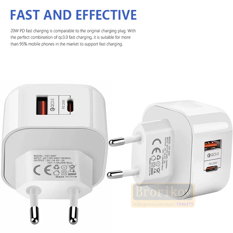 USB 타입 C 충전기, 아이폰 13, 12, 11 프로 맥스, 삼성 S20, S21, S10, S9, 노트 9 용, 20W PD 3.0, QC4.0