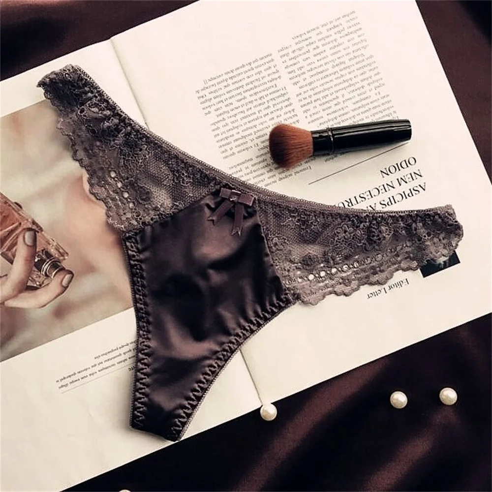 Hollow Lace Sexy Glossy Satin Silk Smooth Thong Women Sexy Low Waist G-string Underwear Bow Seamless Lingerie