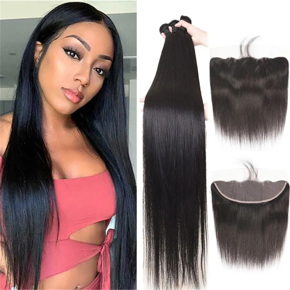 

Bone Straight Bundles With Frontal 13x4 HD Transparent Raw Human Hair Lace Frontal With 3 Bundles Brazilian 22 24 26 Inch Bundle