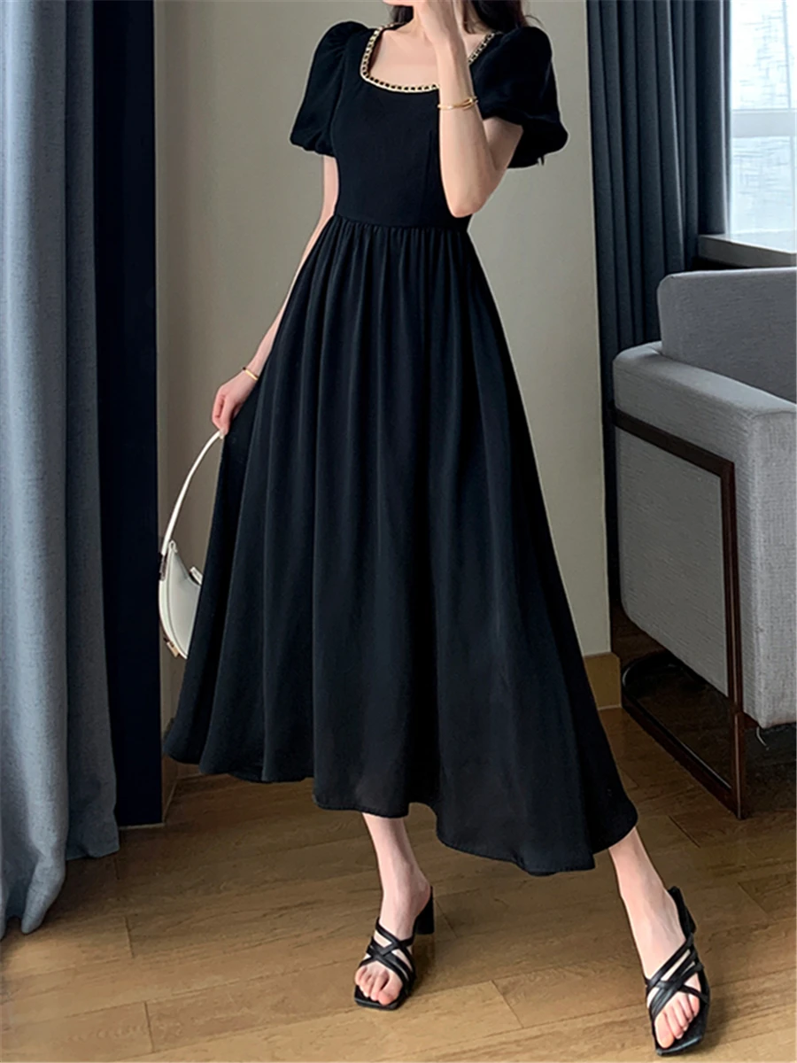 

Midi Dress Women Summer 2023 New Stylish Puff Sleeve Elegant Square Collar Office Ladies Slim Black Dresses Female Vestidos