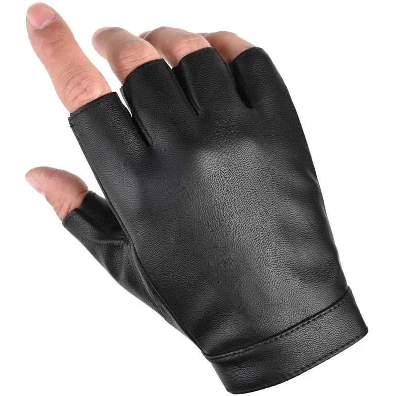 Black PU Leather Fingerless Cycling Gloves for Men Women Outdoor Sports Tactical Mittens 4